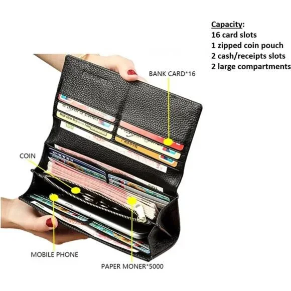 Women Long Wallet Genuine Leather RFID Blocking Floral Hand Painted